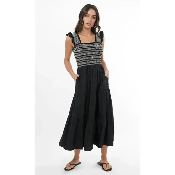 GREYLIN Black Felicia Multi Stitch Smocked Midi Dress Size XS NWT - Picture 3 of 5